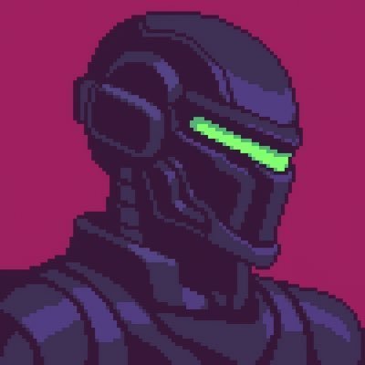 Pixel art illustration of a futuristic soldier in dark armor with a glowing green visor against a magenta background.