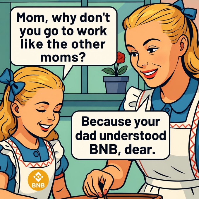 A retro-style cartoon illustration shows a mother and daughter baking together, with the daughter asking why mom doesn't go to work like other moms, and the mother replying "Because your dad understood BNB, dear," while the daughter wears a BNB-branded apron.