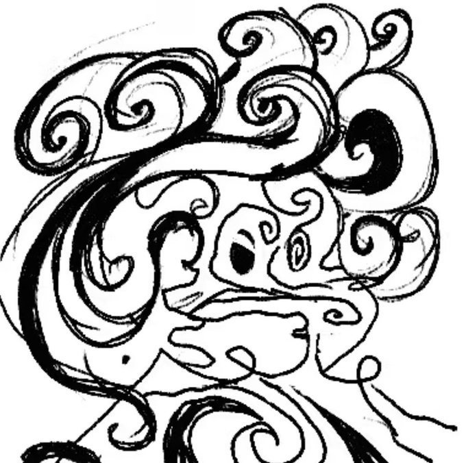 A black and white sketch featuring abstract, swirling lines and a stylized face with large, dark eyes emerging from the chaotic patterns.