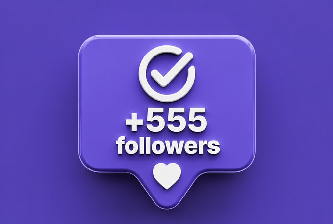 A purple 3D-style notification icon displaying '+555 followers' with a white checkmark and heart symbol.