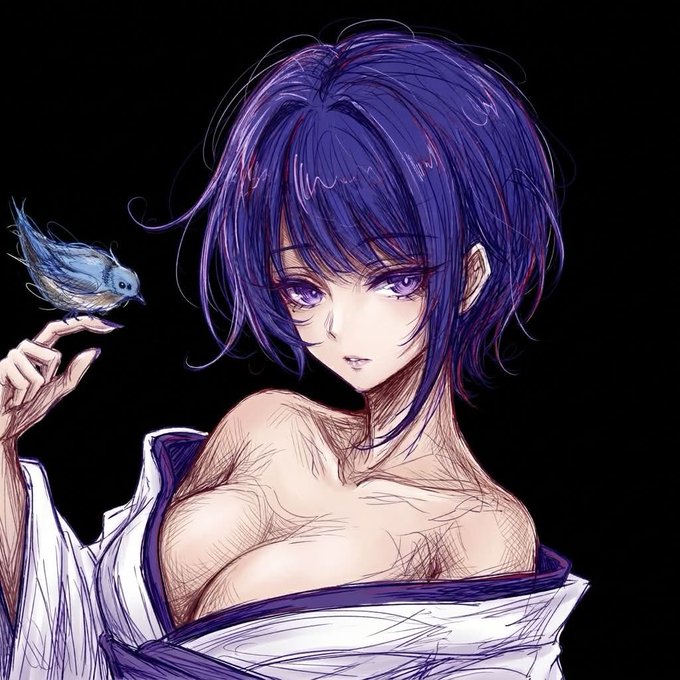 An anime-style illustration of a purple-haired character with purple eyes holding a small blue bird on their finger, wearing a white garment against a black background.
