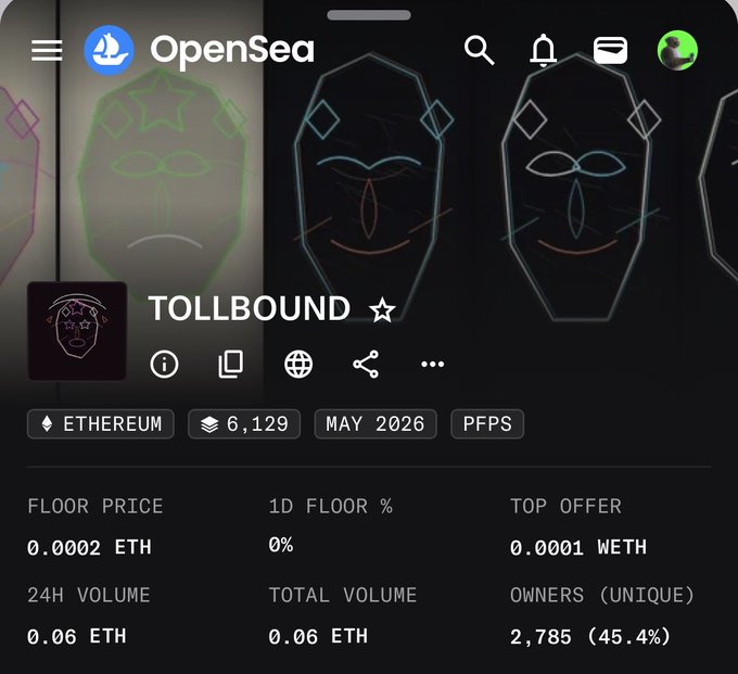 The image shows an opensea account page that appears to be related to a niche market. The main focus of this page is a banner with three faces, including a smiling one. Below the faces, there is text providing information about a tollbound service, which involves buying and burning nfts ( cryptographic tokens). It is unclear if there are any other features or details on the website being referred to in the image description.