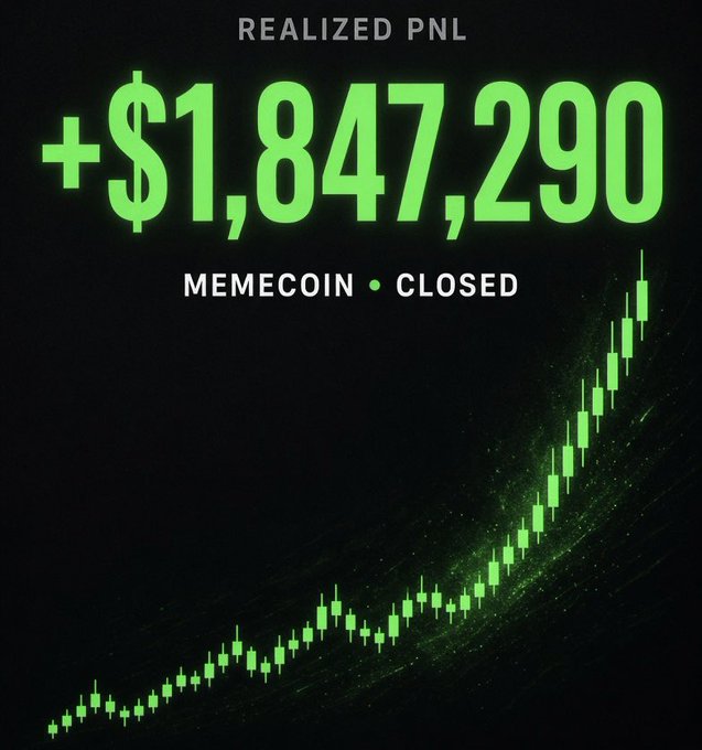 A trading graphic displays a realized profit of **+$1,847,290** on a closed memecoin trade, illustrated by a dramatic upward candlestick chart in glowing green. The image perfectly captures the post's boast about effortlessly printing seven-figure gains with minimal effort, making leisure pursuits like GTA VI feel unnecessary when clicking just "4 buttons" can yield such massive returns.
