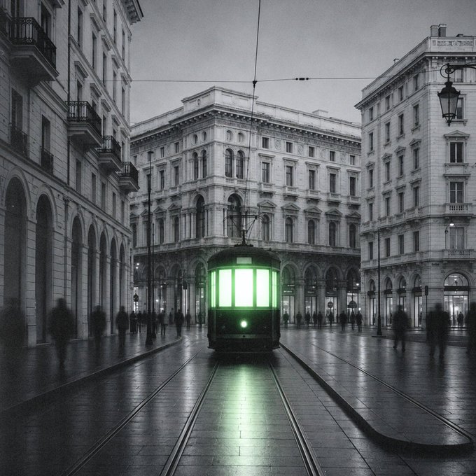 A green-lit tram glides through a grand European plaza, with overhead wires tracing its path past stately classical buildings and shadowy pedestrians on wet cobblestones—visually echoing the "green line across Europe" as a literal path of motion and currency through the continent.