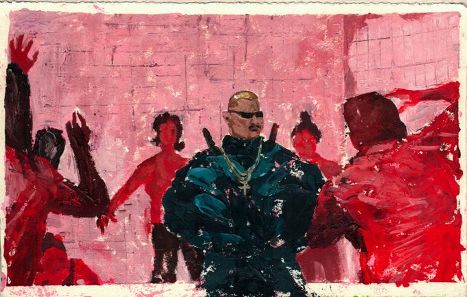 An expressive, painterly portrait of a man with sunglasses and a cross necklace in a teal jacket, surrounded by shadowy red figures against a textured pink background.