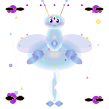 An ethereal, ghost-like butterfly creature with antennae floats among colorful geometric shapes and small purple flower-like objects on a white background.