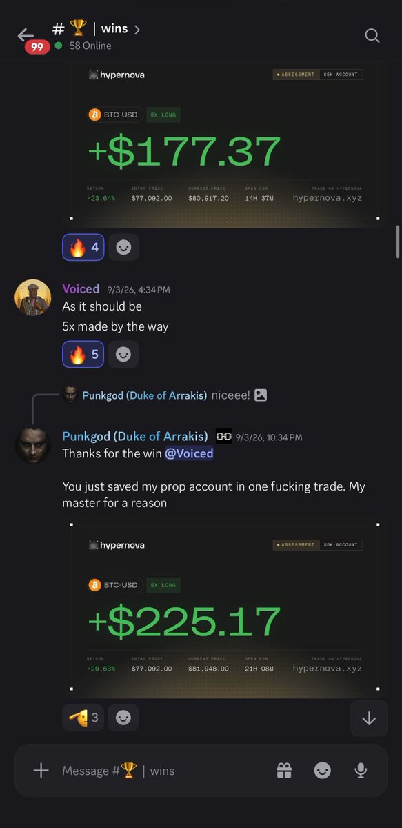 The image shows a Discord chat from the "#🏆 | wins" channel where users celebrate successful trading outcomes on Hypernova, including a +$177.37 BTC-USD 5X long trade (+23.64%) and a +$225.17 BTC-USD 5X long trade (+29.03%), with user Pungkod thanking Voiced for saving their prop account. This aligns with the post's message about collective wins, as the screenshot captures multiple community members sharing and celebrating trading victories together in a shared space.