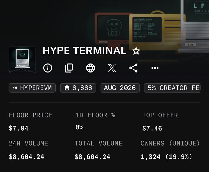 NFT token page for 'HYPE TERMINAL' on HyperEVM with a floor price of $7.94 and 1,324 unique owners.