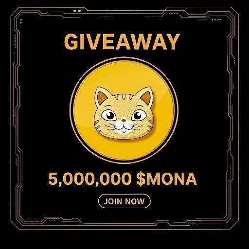 The image features an advertisement for a giveaway, with a cat face as its central focus. The text "GIVEAWAY" is prominently displayed above the cat's head, indicating that this is a contest or prize for which people can enter their names. The cat's face is positioned in the center of the image and is surrounded by a yellow circle.

The post also includes information about how to participate in the giveaway: "JOIN NOW" is written at the bottom, inviting users to join the contest. Additionally, there are two lines of text that provide more details about the prize: "5,000,000 $Mona" and "drop your $SOL wallet first 1500 wallets gets guaranteed airdrop". This information suggests that the giveaway might be related to cryptocurrency or digital assets, as it involves dropping a wallet in order to receive a cash reward.
