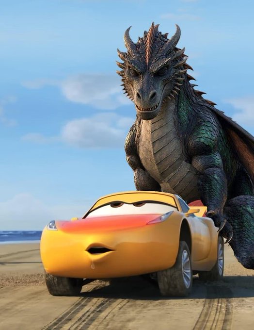 A yellow sports car with eyes on its windshield appears startled on a sandy beach, while a massive green and brown dragon with horns looms behind it. The image ties to the post "We have dragons" by humorously illustrating a fantastical scene featuring both an anthropomorphic car and a dragon in an unlikely coastal encounter.