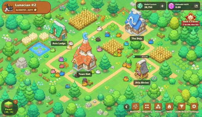 A screenshot of a colorful mobile farming/village game showing buildings labeled 'Town Hall,' 'Axie Lodge,' 'The Dojo,' and 'Axie Shrine,' with the player name 'Lunacian #2' and ID 0x10472f...1277.