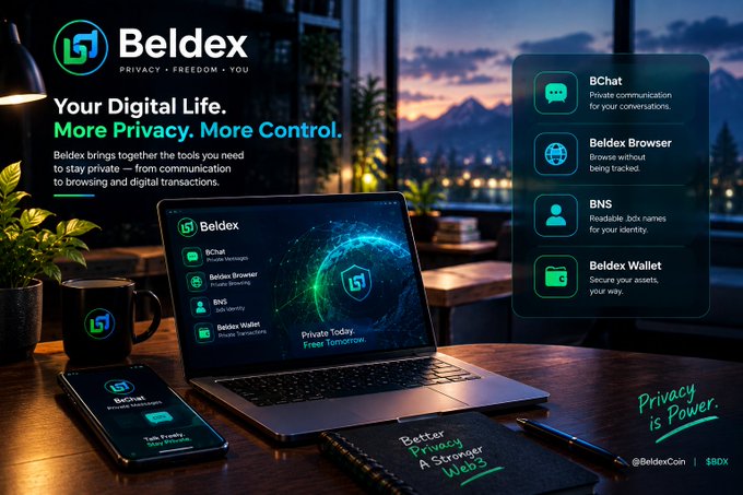 Promotional banner for Beldex with the tagline 'Your Digital Life. More Privacy. More Control.' showing its ecosystem tools including BChat, Beldex Browser, BNS, and Beldex Wallet on a laptop and phone.