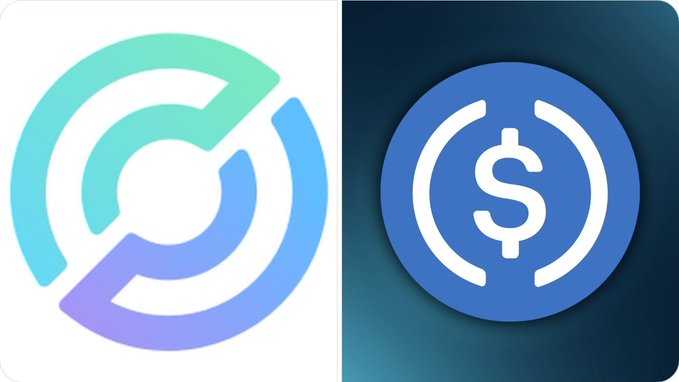 The image displays two cryptocurrency-related logos: Circle's logo on the left (featuring a gradient circular design) and the USDC stablecoin logo on the right (a blue circle with a dollar sign). These logos visually represent the subject of the news about Circle minting an additional 1 billion USDC on the Solana blockchain.