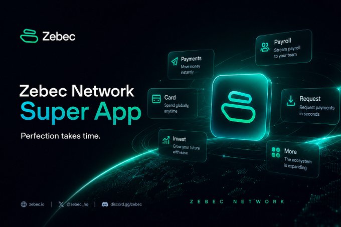 A promotional graphic for 'Zebec Network Super App' with the tagline 'Perfection takes time,' highlighting features like Payroll, Payments, Card, Invest, Request, and More against a dark, tech-themed background.