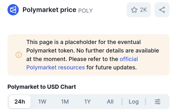 The image shows a CoinMarketCap placeholder page for "Polymarket price POLY" with 2K watchers, indicating the token has been listed on the platform but no details are available yet. The disclaimer states the page is a placeholder for the eventual Polymarket token, directly relevant to speculation about an upcoming TGE (Token Generation Event) for Polymarket's POLY token.