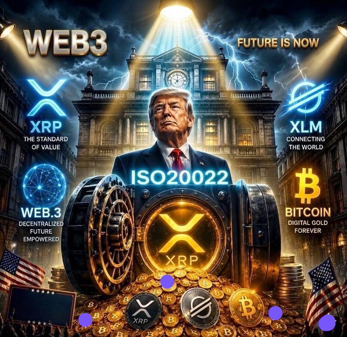 The image features an advertisement for Bitcoin, with a man standing in front of a large gold safe filled with Bitcoins. The text above him reads "THE NEW STANDARD", while below him there are various symbols related to Bitcoin, such as XRP, XLM, and BTC. The background is dark blue, creating a dramatic atmosphere that emphasizes the importance of the message. The image also includes a postcard with the title "WEB3" written in white text at the top, indicating the source or creator of this advertisement.