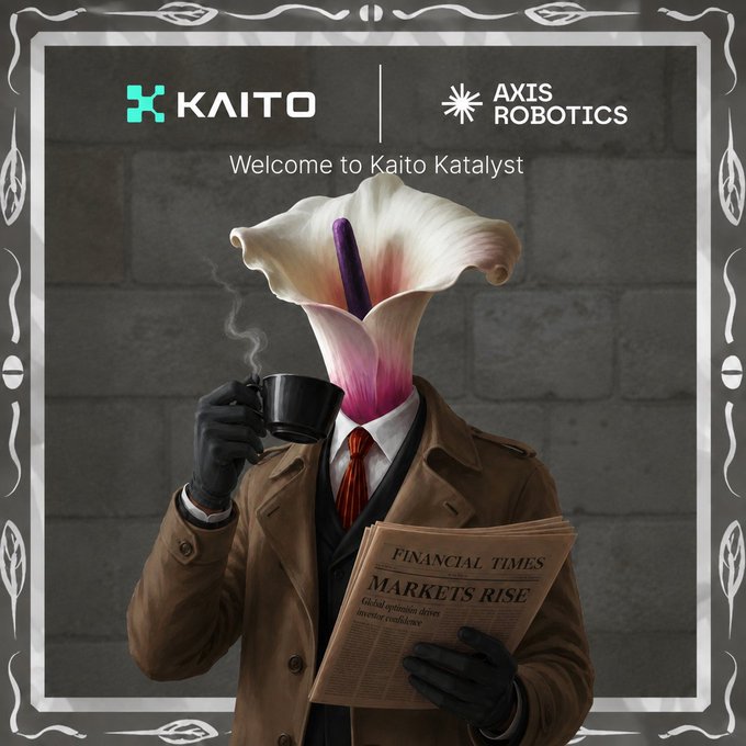 A surreal promotional image for 'KAITO | AXIS ROBOTICS' welcoming viewers to 'Kaito Katalyst', featuring a figure in a trench coat with a calla lily for a head, holding a coffee cup and a 'FINANCIAL TIMES - MARKETS RISE' newspaper.