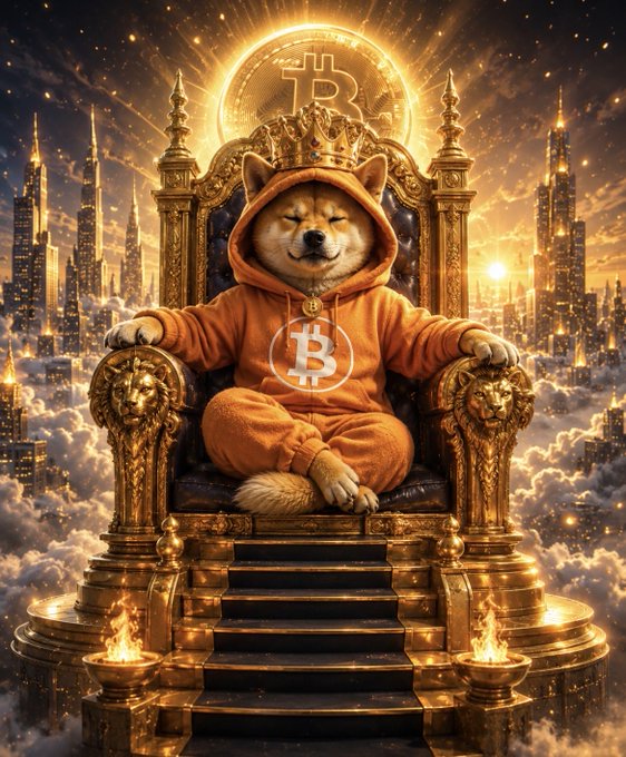 In the center of a golden throne, an orange dog is sitting with its paws crossed, wearing a hooded sweatshirt that has a white "B" logo on it. The dog's eyes are closed as if it is sleeping or daydreaming. In front of the dog, there is a golden staircase leading up to the throne, and above the throne, there is a large sunburst in gold color with a Bitcoin symbol at its center.