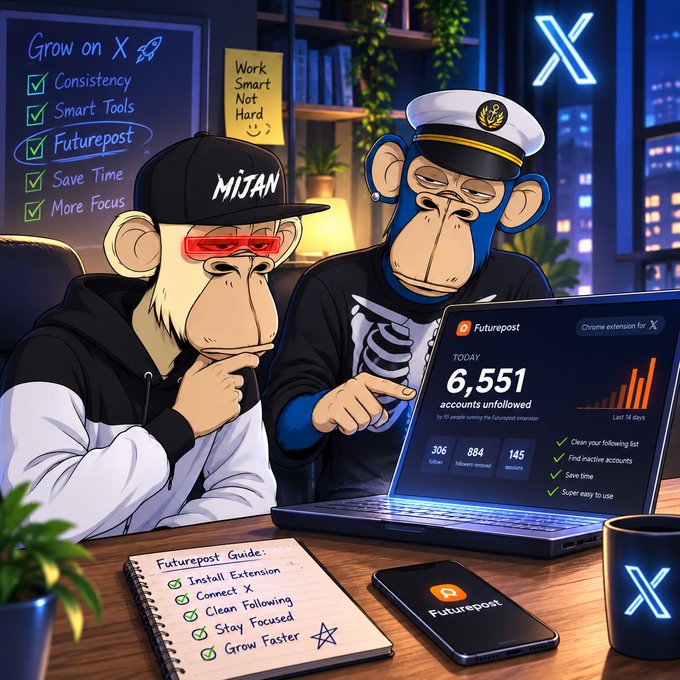 Digital artwork featuring two monkey characters in streetwear and a captain's hat looking at a laptop displaying 'Futurepost' with stats '6,551 accounts unfollowed', alongside a notebook with a 'Futurepost Guide' checklist.