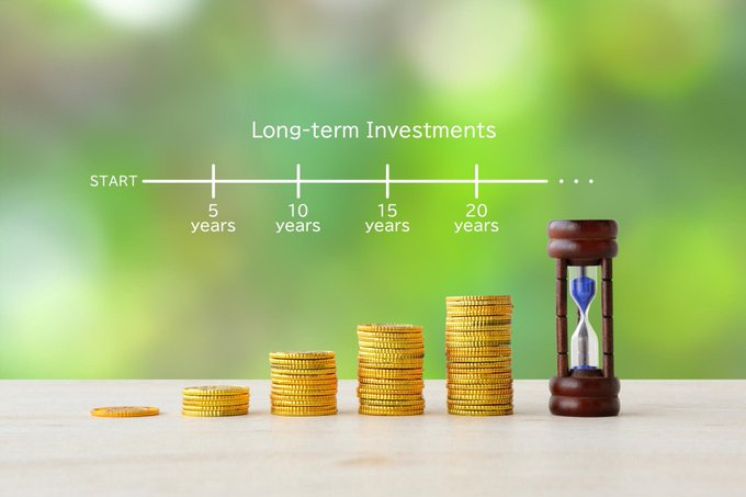 An infographic titled "Long-term Investments" depicts a timeline from start to 20 years, illustrated with growing stacks of gold coins and an hourglass representing time.