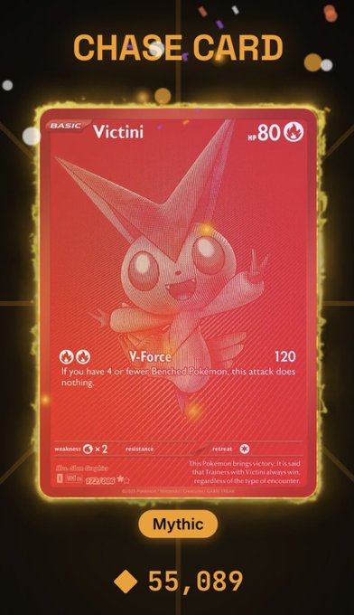 A digital 'CHASE CARD' for the Pokémon Victini, labeled 'Mythic' and showing '55,089' diamonds, featuring its V-Force move that deals 120 damage.