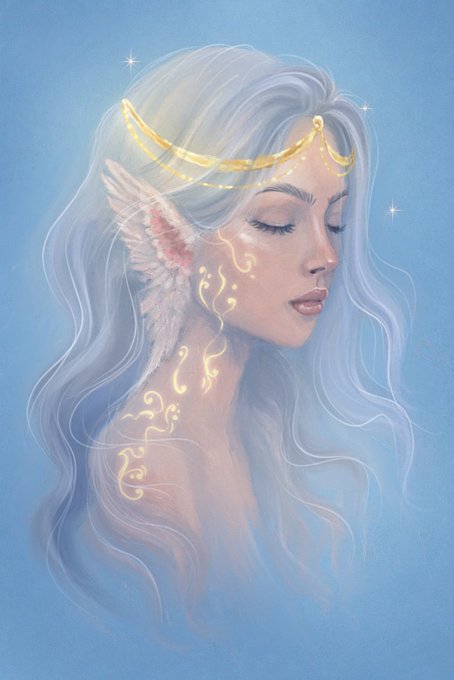 A soft digital painting of a serene elven woman with long flowing light blue hair, pointed ears, closed eyes, and glowing golden markings on her skin and face.