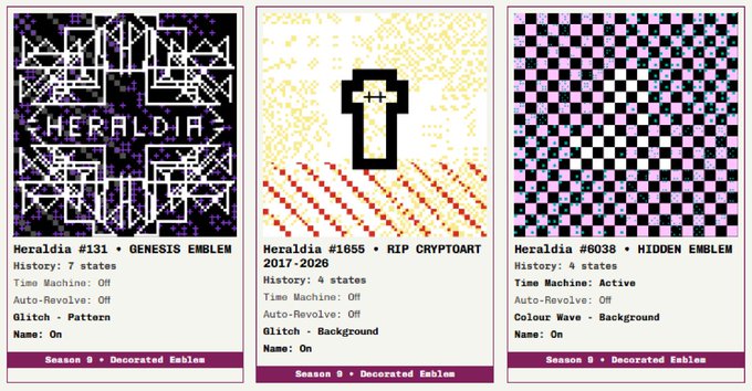 Three digital trading cards titled 'Heraldia' #131 (Genesis Emblem), #1655 (RIP CryptoArt 2017-2026), and #6038 (Hidden Emblem), featuring pixelated patterns and on-chain metadata such as 'Glitch' and 'Time Machine' attributes.