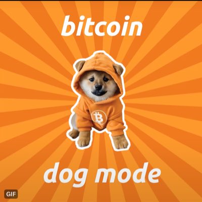 A meme featuring a Shiba Inu dog wearing an orange Bitcoin hoodie with text 'bitcoin' above and 'dog mode' below on an orange sunburst background.