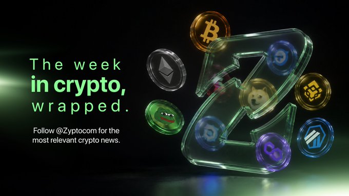 A promotional graphic reading 'The week in crypto, wrapped.' with 'Follow @Zyptocom for the most relevant crypto news,' featuring a glowing 3D letter 'Z' surrounded by various cryptocurrency coins including Bitcoin, Ethereum, and Doge.