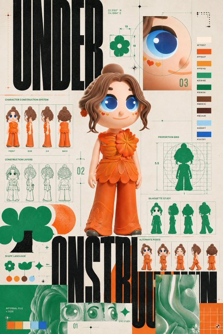 A character design reference sheet titled "UNDER CONSTRUCTION" with the word "CONSTRUCTION" prominently displayed, showcasing a 3D-styled character with brown hair in an orange outfit, including proportion grids, silhouette studies, and color palettes.