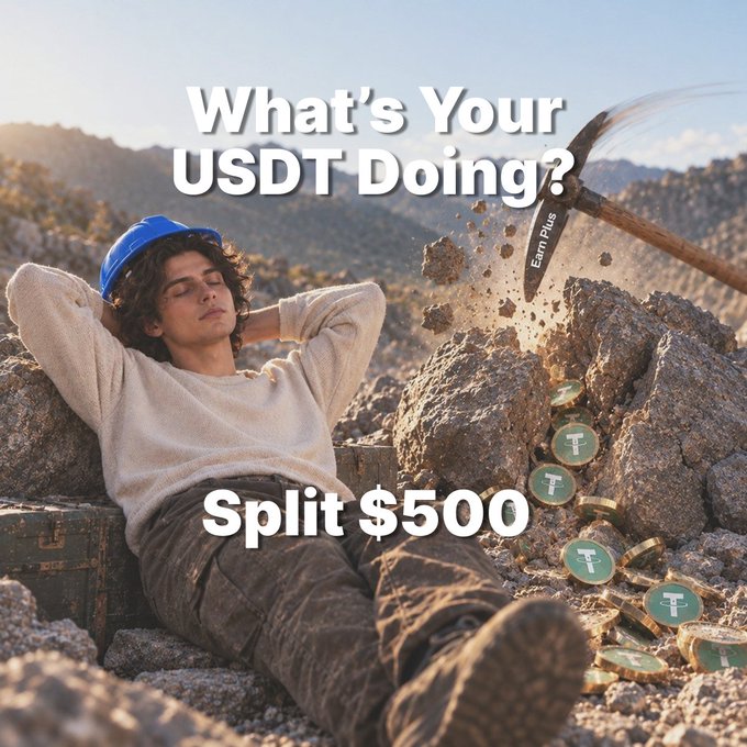 A relaxed man in a hard hat lounges on rocks in a quarry as a pickaxe strikes nearby, revealing scattered USDT (Tether) coins tumbling out of the broken stone, with text reading "What's Your USDT Doing? Split $500" and "EarnPlus" branding, visually conveying the message that idle USDT should be put to work earning yield through MEXC's Earn Plus product rather than sitting unused.