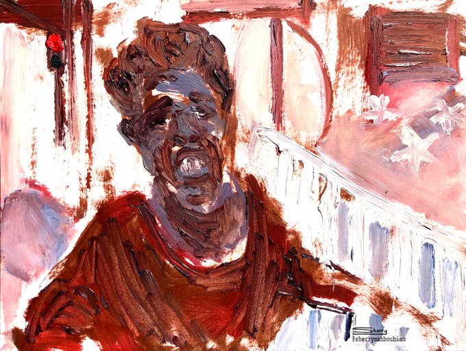An expressive, painterly portrait captures a man with an anguished, open-mouthed expression in bold red, brown, and blue brushstrokes, with a faintly visible American flag in the background—conveying a single image of raw emotional and patriotic turmoil. The signature "jerry 'ishereima' boutian" is visible in the bottom right corner.