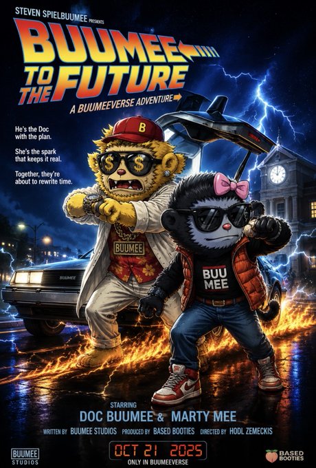 A movie poster styled like 'Back to the Future' titled 'BUUMEE TO THE FUTURE', featuring two anthropomorphic characters 'Doc Buumee' and 'Marty Mee' in costumes similar to Doc Brown and Marty McFly, with text 'STARRING DOC BUUMEE & MARTY MEE' and a release date of OCT 21, 2025.