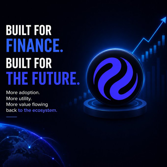 A promotional graphic for a cryptocurrency featuring the text 'BUILT FOR FINANCE. BUILT FOR THE FUTURE.' along with 'More adoption. More utility. More value flowing back to the ecosystem,' set against a dark blue background with a rising chart.