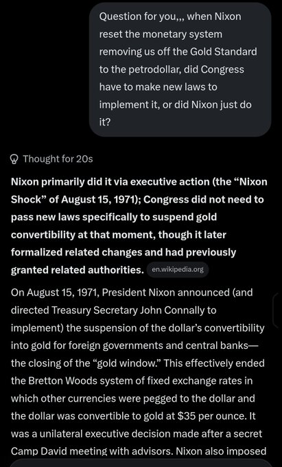 A screenshot of an AI chat response explaining that President Nixon unilaterally suspended gold convertibility on August 15, 1971 through executive action (the "Nixon Shock"), without needing Congress to pass new laws at that moment. The image supports the post's argument that a president can take major monetary action via executive order, reinforcing the claim that a "Clarity Act or Executive Order" could similarly establish a new standard like an XRP-backed currency.