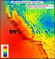 A small, low-resolution weather map showing temperature gradients in green, yellow, and orange, with a prominent "95°" displayed over the southwestern United States.