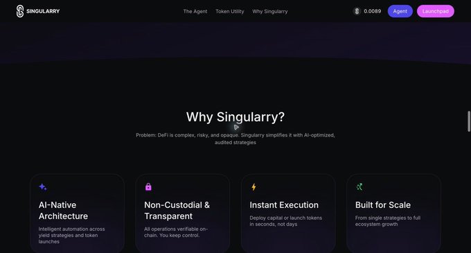 A dark-themed website for 'SINGULARRY' with the headline 'Why Singularity?' describing their AI-powered DeFi yield strategies, featuring sections for 'AI-Native Architecture', 'Non-Custodial & Transparent', 'Instant Execution', and 'Built for Scale'.