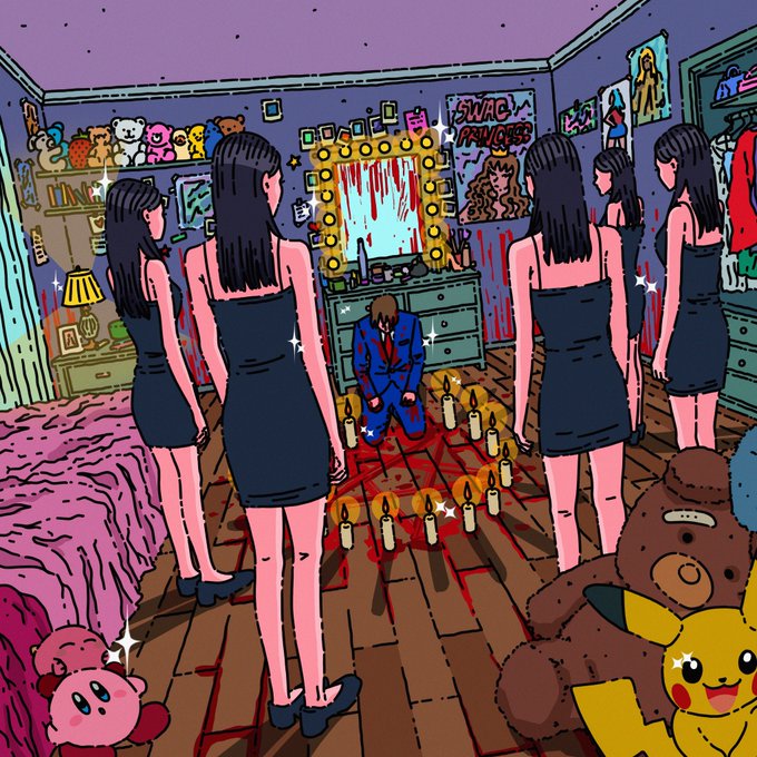 An illustrated scene depicts a man kneeling on the floor surrounded by candles and blood-red pentagram markings, encircled by multiple identical women in black dresses, with various toys and posters (including 'SWAG FAVOURS' and Pokémon) decorating the bedroom.