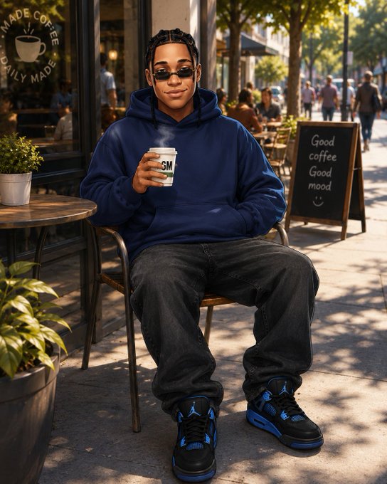 An AI-generated image of a young man with dark skin wearing a blue hoodie, sunglasses, and blue and black Air Jordan sneakers, sitting at an outdoor cafe table holding a steaming coffee cup, with a chalkboard sign reading 'Good coffee Good mood' nearby.