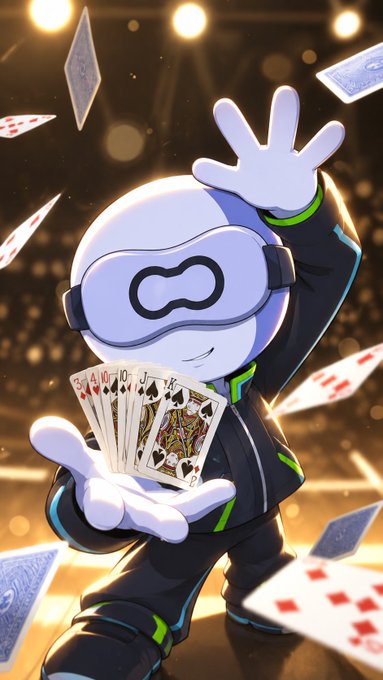 A 3D-rendered mascot character wearing a futuristic visor and black outfit, holding out playing cards including a Jack of Spades while cards float around it.