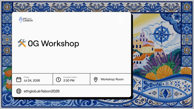 An event card for an 'OG Workshop' at ETHGlobal Lisbon on Friday, July 24, 2026, at 2:30 PM in the Workshop Room, displayed over a blue and white azulejo tile background.