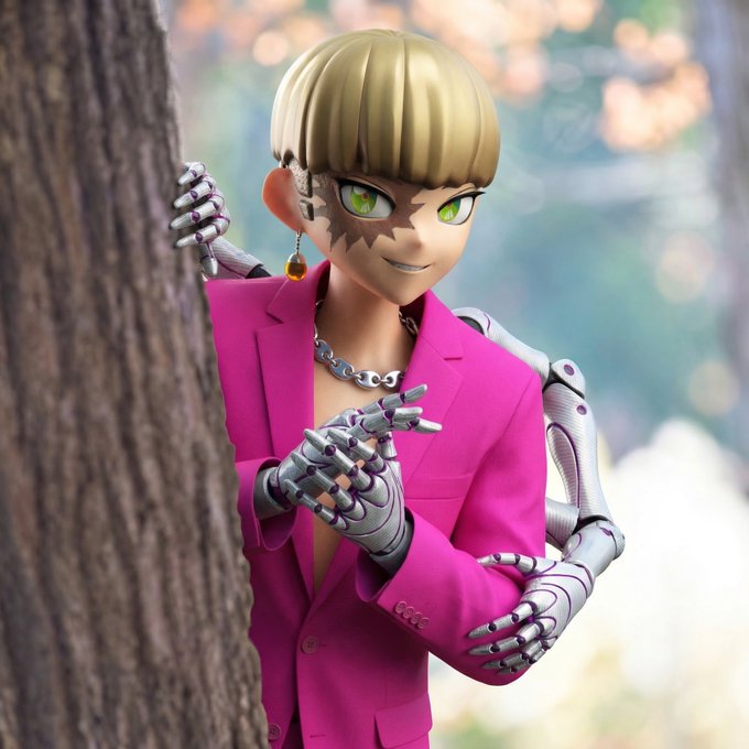 A 3D-rendered anime-style character with green eyes and short blonde hair, wearing a pink blazer and sporting metallic robotic arms and hands, leaning against a tree in a forest setting.