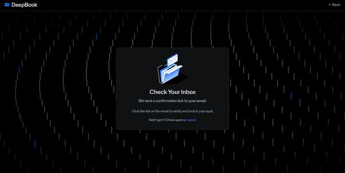 DeepBook login confirmation screen displaying a 'Check Your Inbox' message with instructions to verify and lock a spot in an airdrop/spam campaign.