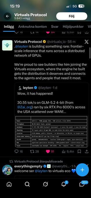The image shows a black Twitter screen with various elements displayed such as a message from a user named @KaytonS, a hashtag "#VirtuallyProc", and a URL. The main focus of the screen is a tweet that reads "@virtuals_io integrate their AI agents to it and @NVIDIAAI showing interest, more partnership will come. The tech is revolutionary and they make it reality". There are also some other posts related to technology and discussions happening on Twitter.