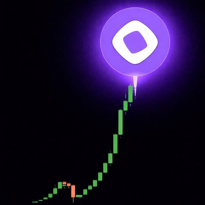 A glowing purple circle displaying the Polygon (MATIC) logo sits atop a steep green candlestick chart against a black background, visually reinforcing the post's bullish sentiment about $MON. The dramatic upward price action from the lower left to the logo mirrors the "something big" anticipation expressed in the caption.