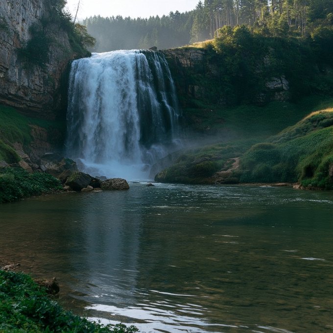 A scenic photograph of a waterfall cascading into a calm river, surrounded by lush green foliage and rocky cliffs.