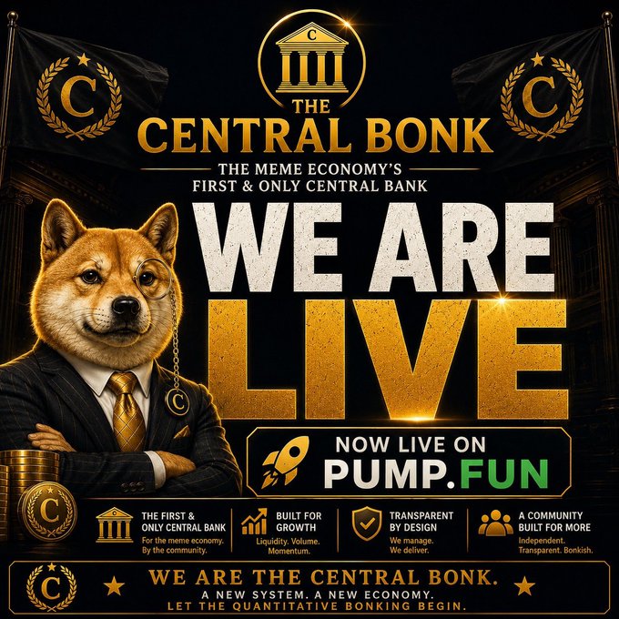 A promotional image for "The Central Bonk" ($CENBONK) featuring a Shiba Inu dressed in a suit, announcing the meme coin is now live on Pump.fun with the contract address 5sXScSPbhM85WcZyE58jjsRbpS5sYEkcszCMHuSapump and X handle @CentralBonk1, marketing itself as "the meme economy's first & only central bank."