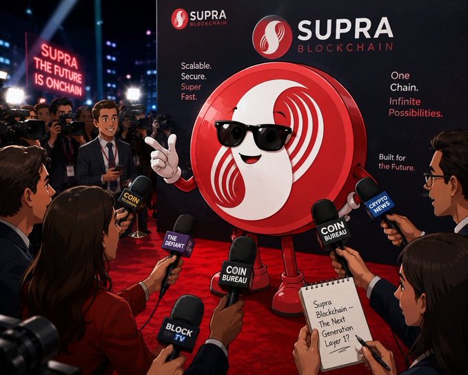 An illustrated promotional image featuring the Supra Blockchain logo as a red character wearing sunglasses on a red carpet, surrounded by reporters holding microphones labeled with crypto news outlets.