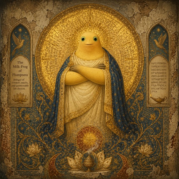A whimsical golden-frog deity is depicted in Byzantine-style religious iconography, standing with crossed arms against an ornate gold halo and draped in blue and gold robes. Plaques on either side bear inscriptions including "The Milk-Frog of Plumpness, Bringer of comfort, snacks, and questionable life choices" and a small oil lamp sits below, tying the meme-token branding to the absurd deity motif of the $Milk Frog BSC play.