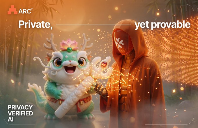 The image features an illustration of a dragon figurine with horns and wings, standing next to a person wearing a hooded robe or cloak. The dragon appears to be holding a shield, while the person has a mask covering their face. The background is filled with smoke, creating an atmosphere reminiscent of a dragon's fiery breath. In the top left corner of the image, there is text that reads "ARC Terminal is an AI-driven on-chain operating system embedded in a browser".